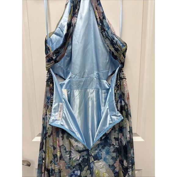 Mac Duggal Size 18 Blue Floral 68089 Halter Maxi Gown Cut Out Embellished Dress - Picture 11 of 13